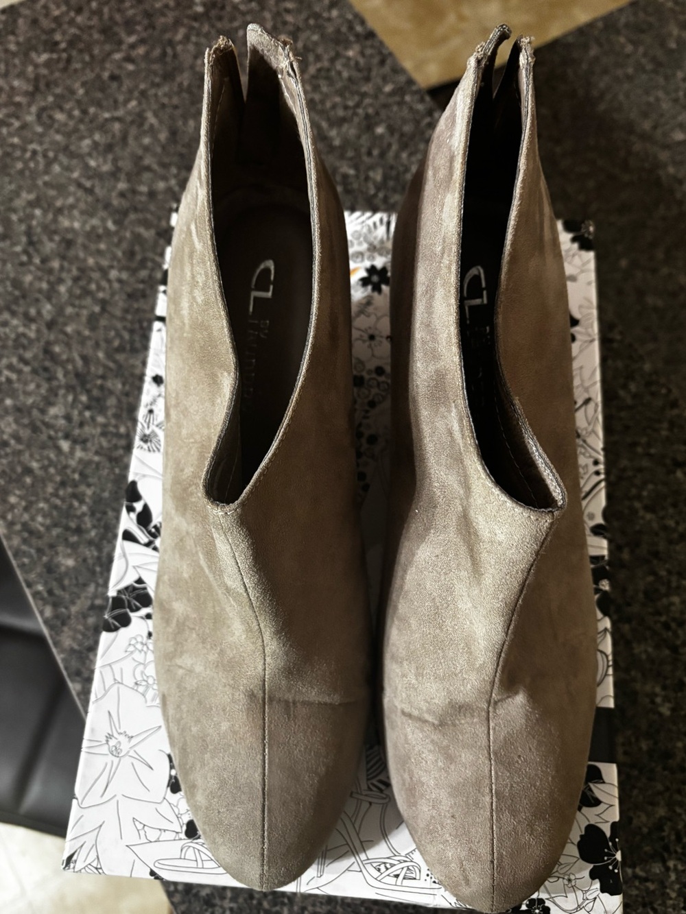 Chinese Laundry Taupe Suede V-Cut Ankle Booties